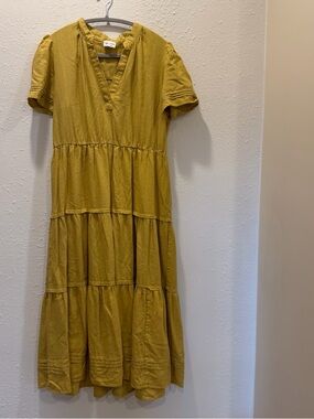 For Cynthia Mustard Yellow Tiered V-Neck Short Sleeve Maxi Dress